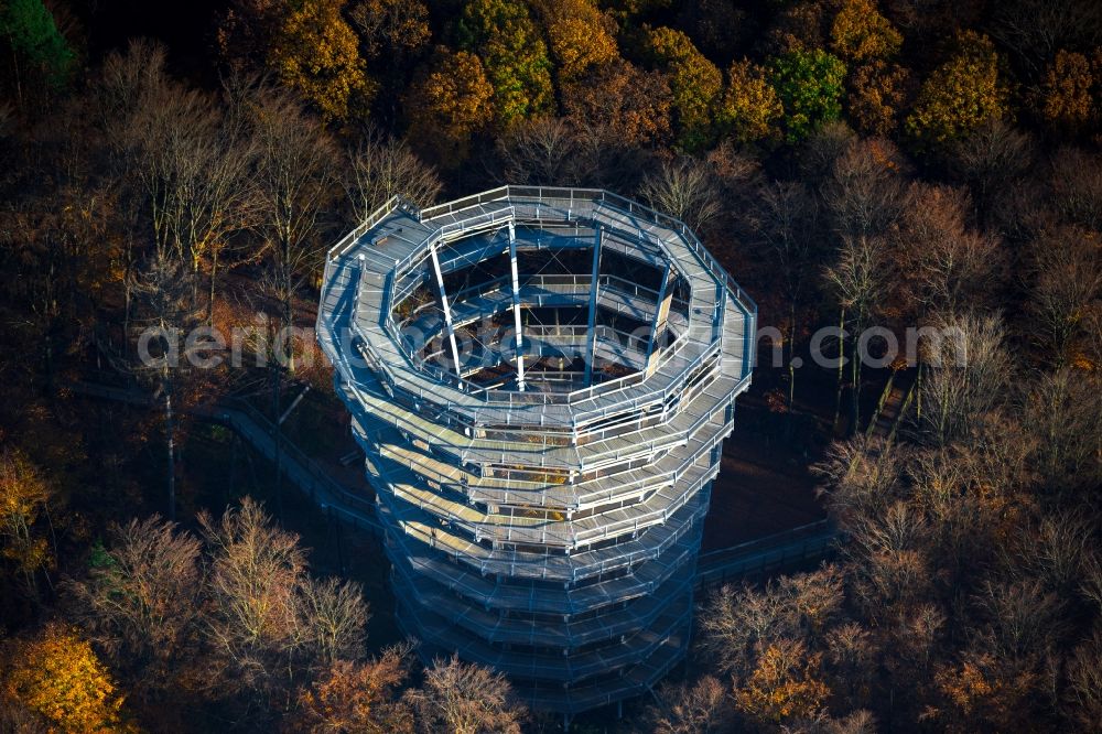 Aerial photograph Ebracher Forst - structure of the observation tower Baumwipfelpfad Steigerwald Tower in Ebracher Forst in the state Bavaria, Germany