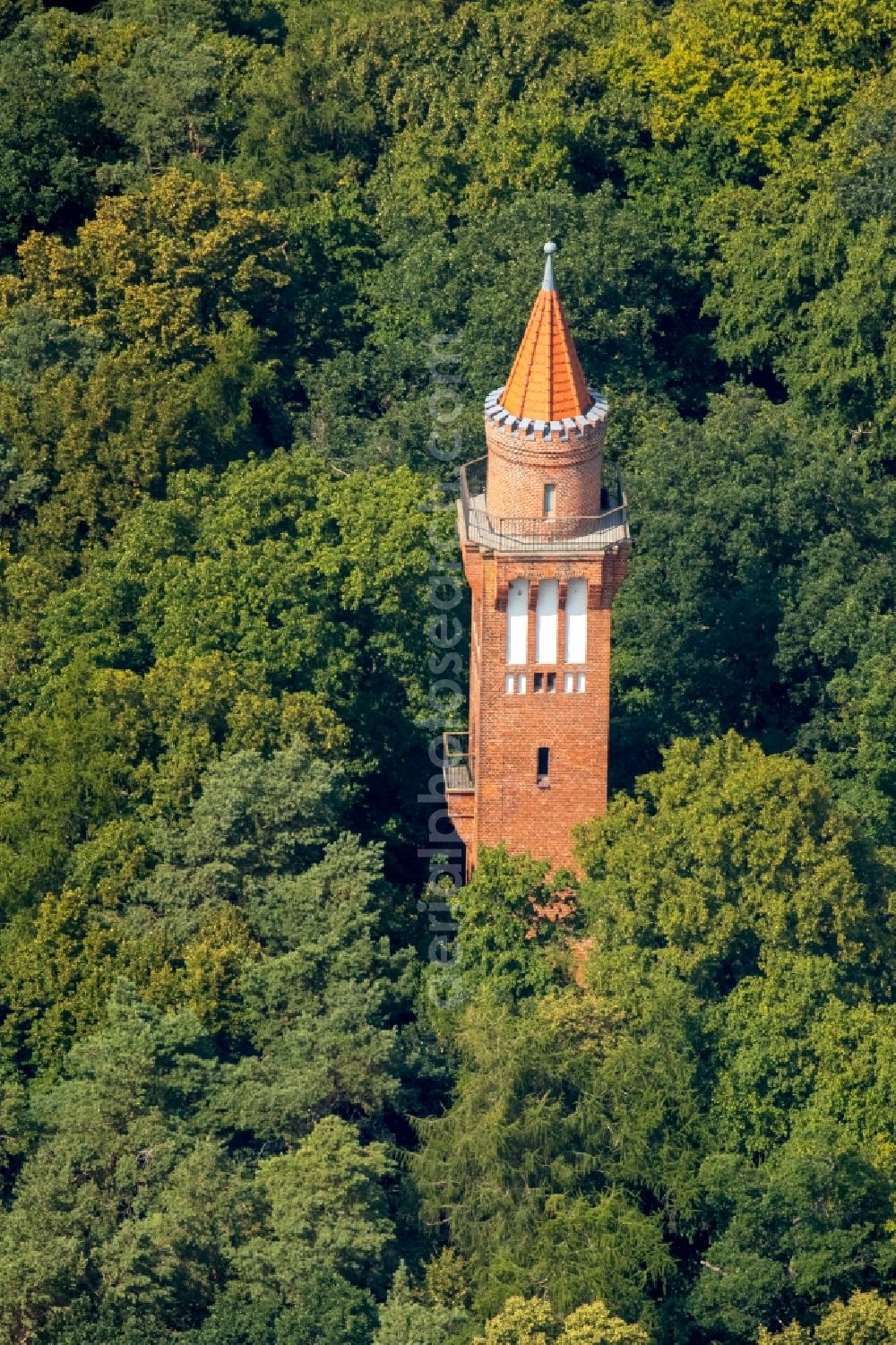 Neubrandenburg from above - Structure of the observation tower Behmshoehe in Neubrandenburg in the state of Mecklenburg - Western Pomerania