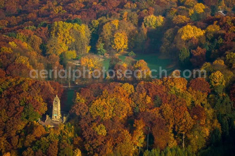 Witten from above - Structure of the observation tower Berger-Memorial in the South of Witten in the state of North Rhine-Westphalia. The tower is located in the recreational forest region of Hohenstein