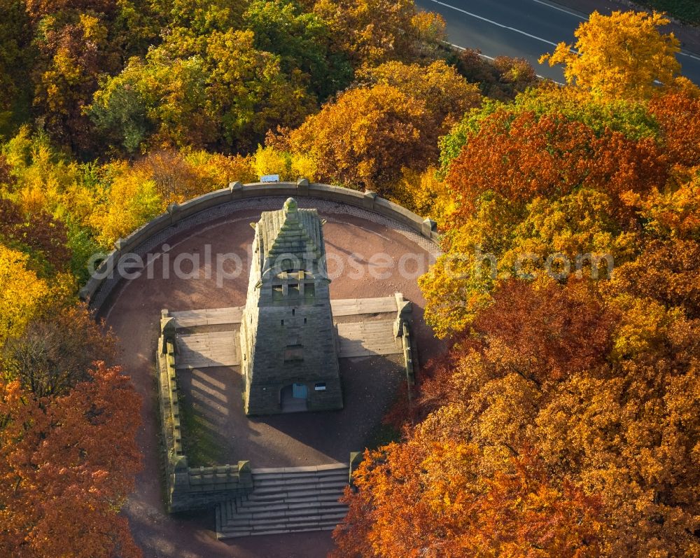 Witten from the bird's eye view: Structure of the observation tower Berger-Memorial in the South of Witten in the state of North Rhine-Westphalia. The tower is located in the recreational forest region of Hohenstein