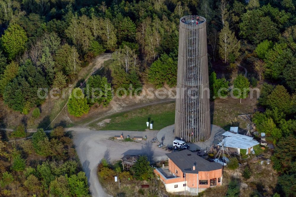 Hartmannsdorf from above - Structure of the observation tower auf of Bistumshoehe in Hartmannsdorf in the state Saxony, Germany