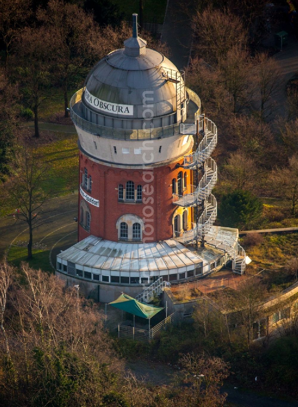 Aerial photograph Mülheim an der Ruhr - Structure of the observation tower Camera Obscura on MueGaPark in Muelheim on the Ruhr in the state North Rhine-Westphalia