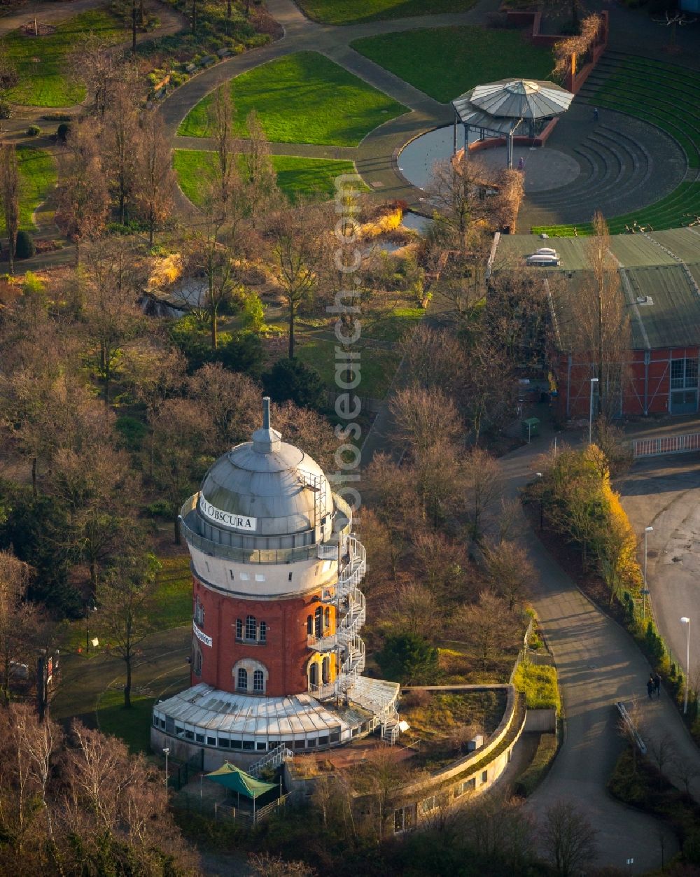 Mülheim an der Ruhr from above - Structure of the observation tower Camera Obscura on MueGaPark in Muelheim on the Ruhr in the state North Rhine-Westphalia