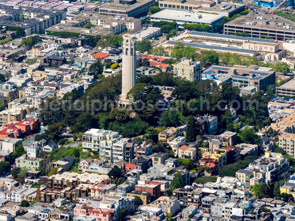 San Francisco from the bird's eye view: Structure of the observation tower Coit Tower in Pioneer Park Telegraph Hill Blvd in San Francisco in USA