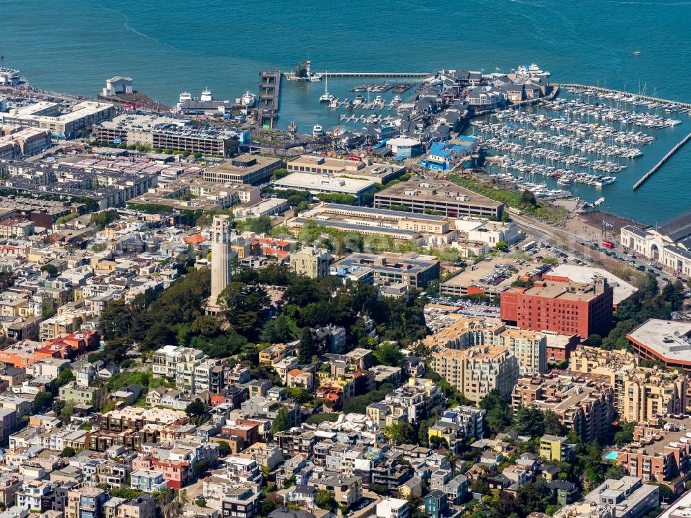 Aerial image San Francisco - Structure of the observation tower Coit Tower in Pioneer Park Telegraph Hill Blvd in San Francisco in USA