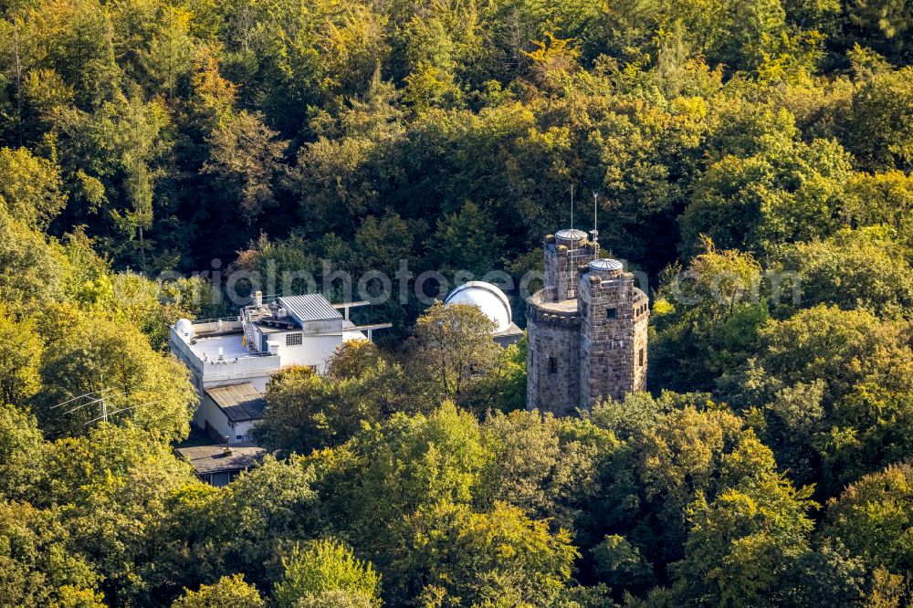 Aerial image Hagen - Structure of the observation tower Eugen-Richter-Turm at the observatory and planetarium dome building complex of the public observatory at Franklin Street 13 in Hagen in the Ruhr area in the federal state of North Rhine-Westphalia, Germany