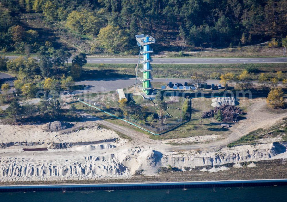 Aerial photograph Merzdorf - Construction of the observation tower at the flooded open-cast mining landscape Ostsee Baltic Sea on Merzdorfer Hauptstrasse in Merzdorf in the state of Brandenburg, Germany