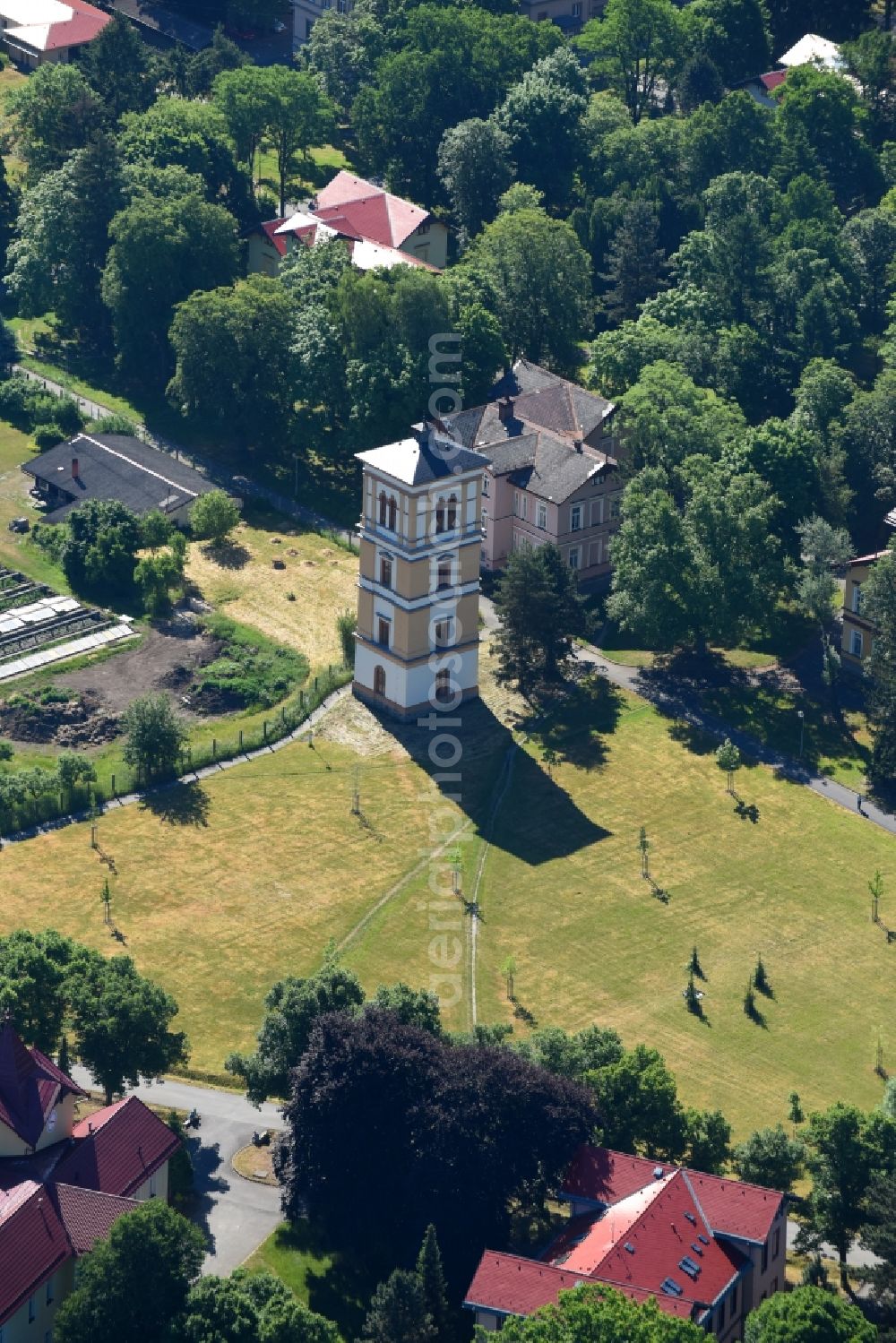 Dobrany - Dobrzan from the bird's eye view: Building of an observation tower on the area of the psychiatric hospital of Dobrany in Dobrany - Dobrzan in Plzensky kraj - Pilsner region - Bohemia, Czechia