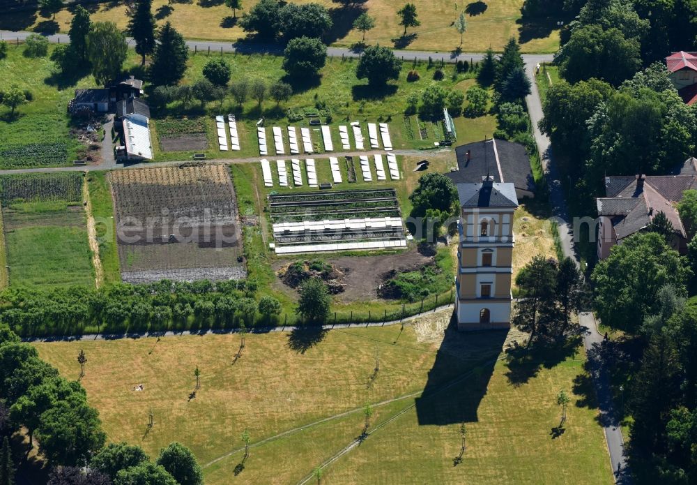 Aerial image Dobrany - Dobrzan - Building of an observation tower on the area of the psychiatric hospital of Dobrany in Dobrany - Dobrzan in Plzensky kraj - Pilsner region - Bohemia, Czechia