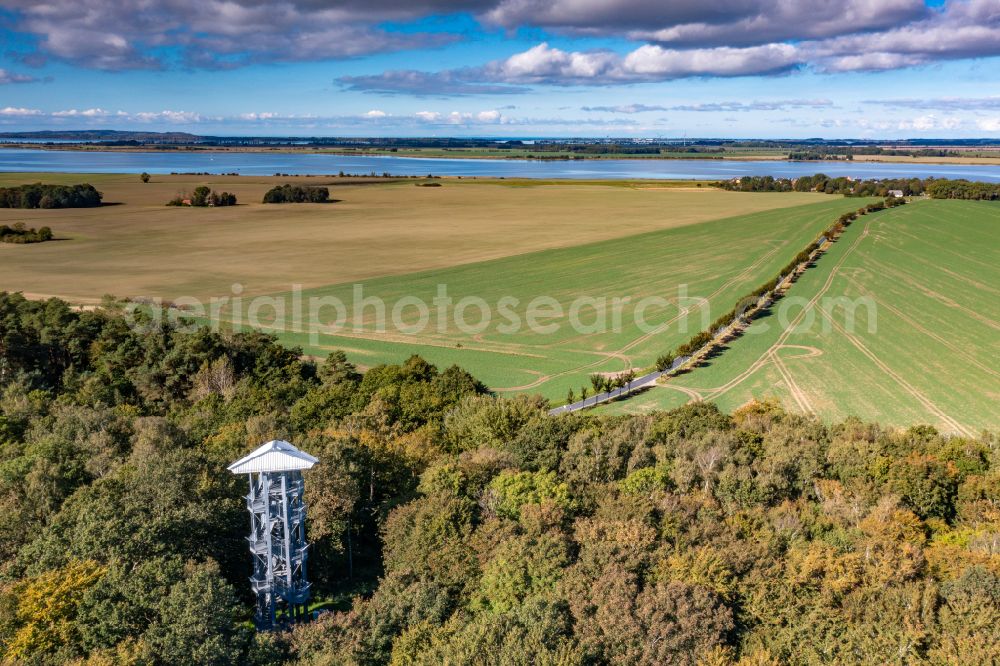 Neuenkirchen from the bird's eye view: Structure of the observation tower Johann-Jacob-Gruembke-Aussichtsturm on Hoch Hilgor on street RUeG5 in Neuenkirchen in the state Mecklenburg - Western Pomerania, Germany