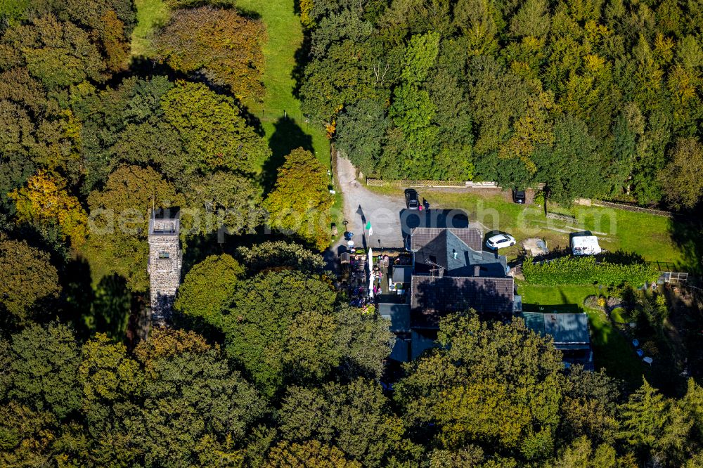 Hagen from above - Structure of the observation tower Kaiser Friedrich Turm and restaurant Waldgaststaette Im Deerth in Hagen in the state North Rhine-Westphalia, Germany