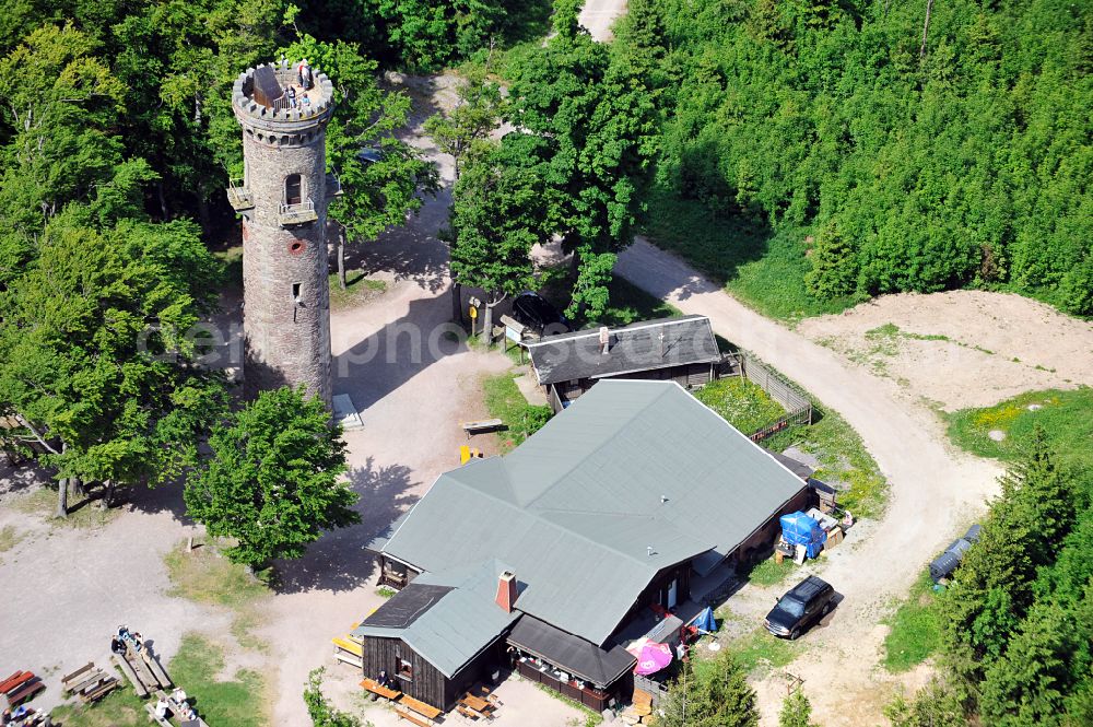 Ilmenau from above - Structure of the observation tower Kickelhahnturm in Ilmenau in the state Thuringia, Germany