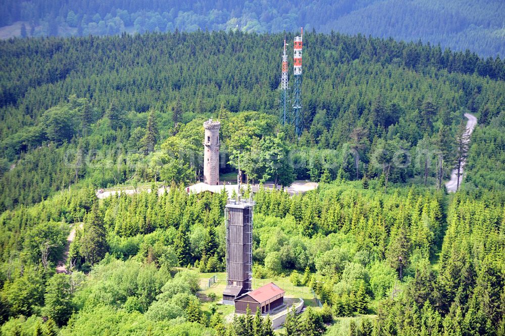 Ilmenau from the bird's eye view: Structure of the observation tower Kickelhahnturm in Ilmenau in the state Thuringia, Germany