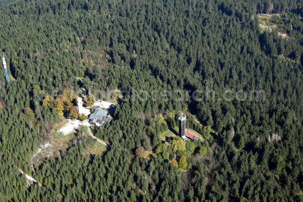 Ilmenau from above - Structure of the observation tower Kickelhahnturm in Ilmenau in the state Thuringia, Germany