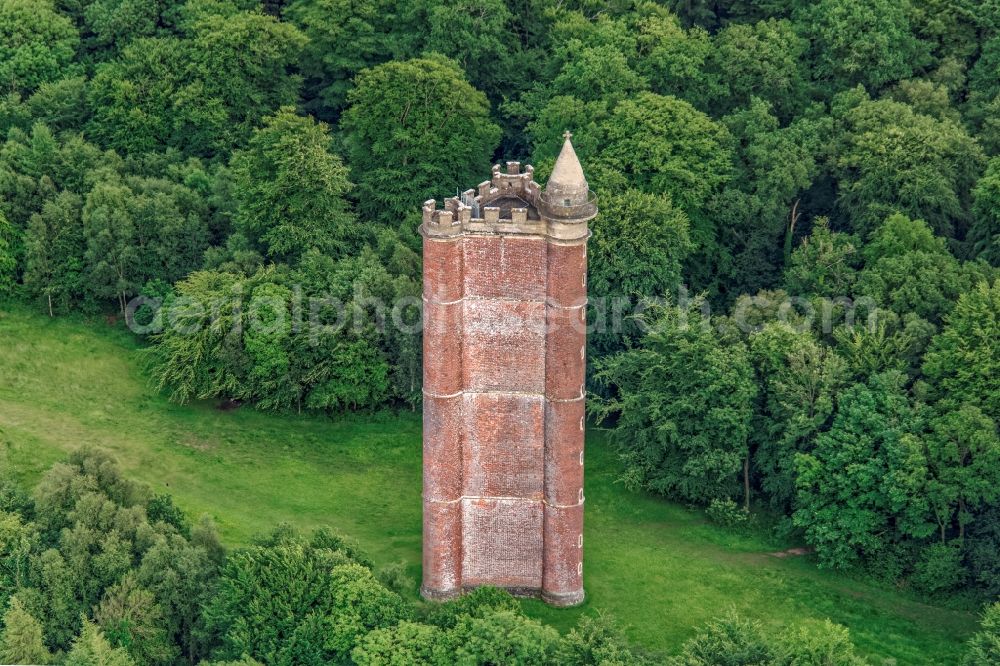 South Brewham from above - Structure of the observation tower King Alfred's Tower on Tower Rd in South Brewham in United Kingdom