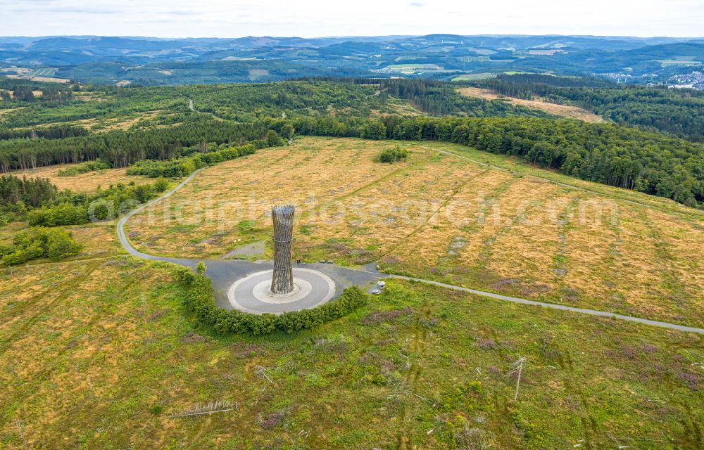 Meschede from above - Structure of the observation tower Loermecke-Turm on Plackweg in Meschede in the state North Rhine-Westphalia, Germany