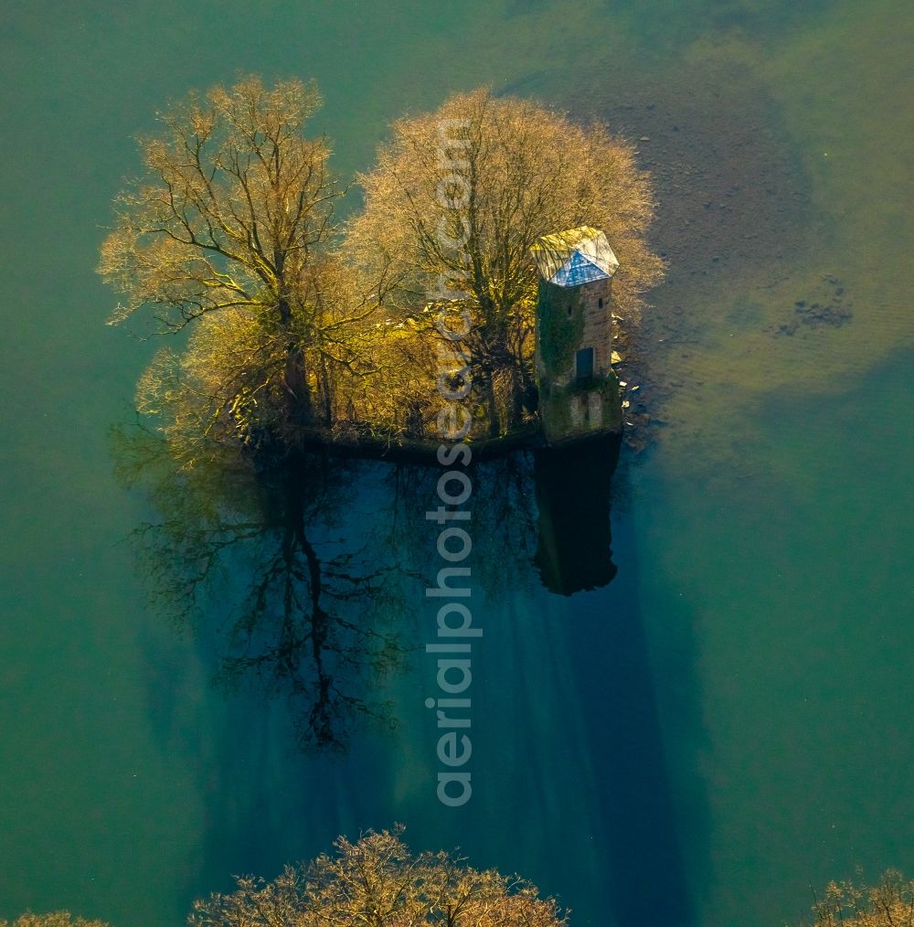 Aerial photograph Herdecke - Structure of the observation tower Mouse Tower on lake Hengsteysee in Herdecke in the state North Rhine-Westphalia, Germany