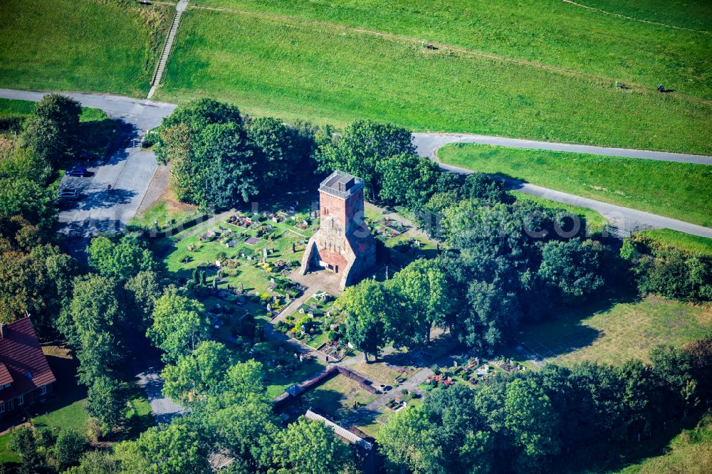 Geestland from above - Structure of the observation tower Ochsenturm at the cemetery in Imsum in Geestland in the state Lower Saxony, Germany