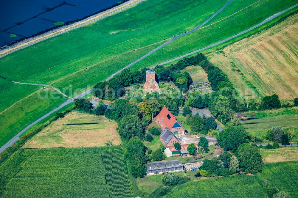 Geestland from the bird's eye view: Structure of the observation tower Ochsenturm at the cemetery in Imsum in Geestland in the state Lower Saxony, Germany