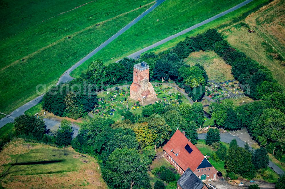 Aerial image Geestland - Structure of the observation tower Ochsenturm at the cemetery in Imsum in Geestland in the state Lower Saxony, Germany