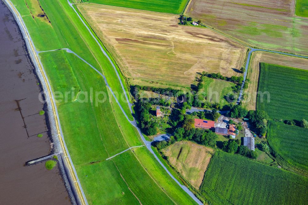 Geestland from above - Structure of the observation tower Ochsenturm at the cemetery in Imsum in Geestland in the state Lower Saxony, Germany