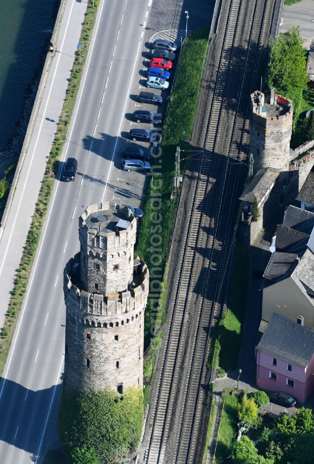 Oberwesel from above - Structure of the observation tower Ochsenturm in Oberwesel in the state Rhineland-Palatinate, Germany