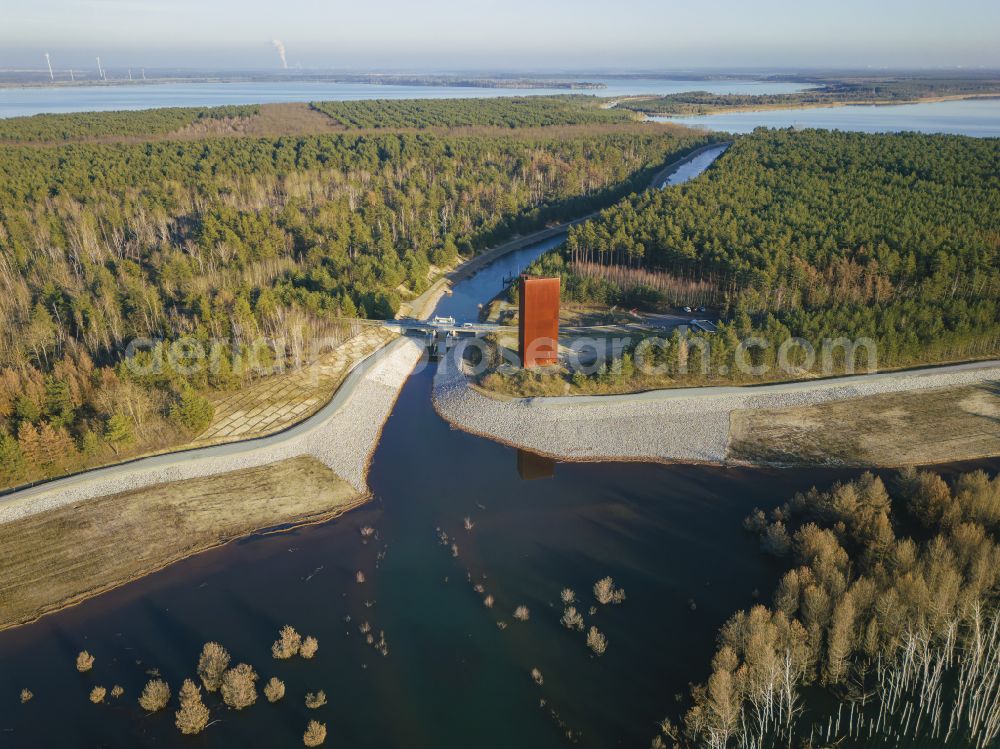 Großkoschen from above - Structure of the observation tower Rostiger Nagel on the banks of the Seedlitzer See and the Koschener See in Grosskoschen in the state Brandenburg, Germany