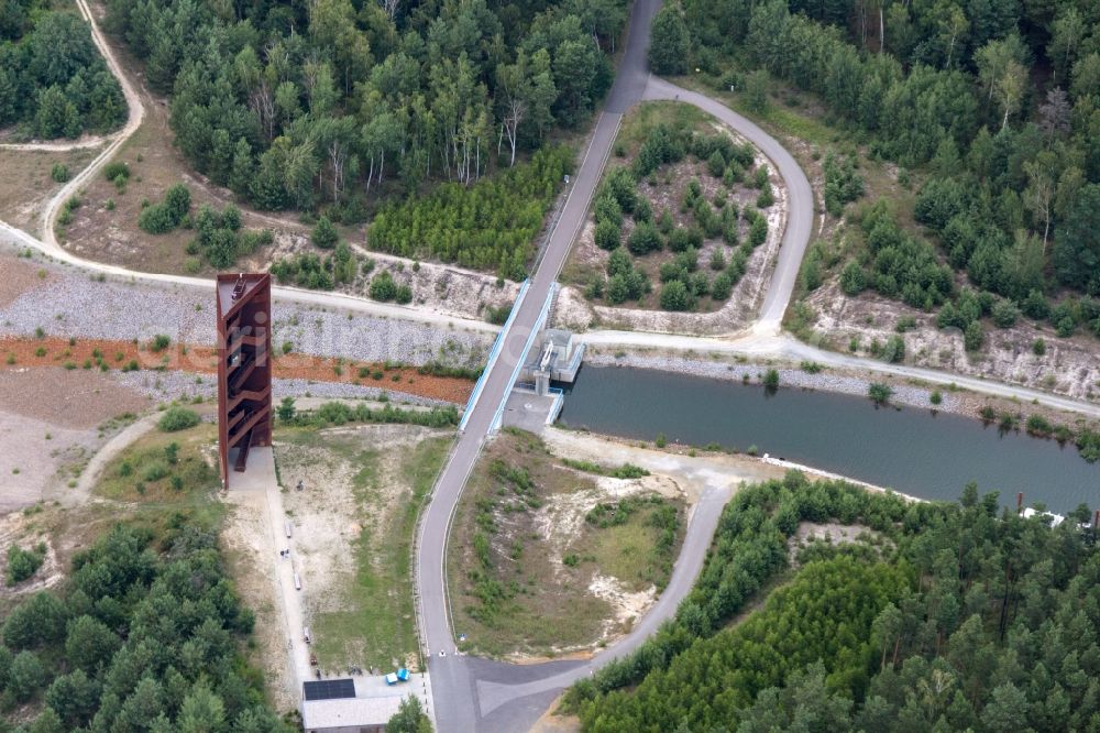 Senftenberg from above - Structure of the observation tower Rostiger Nagel in Senftenberg in the state Brandenburg