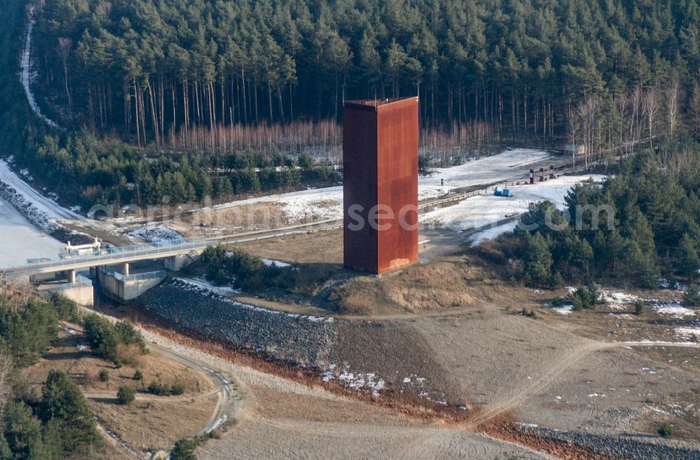 Aerial image Senftenberg - Structure of the observation tower Rostiger Nagel in Senftenberg in the state Brandenburg