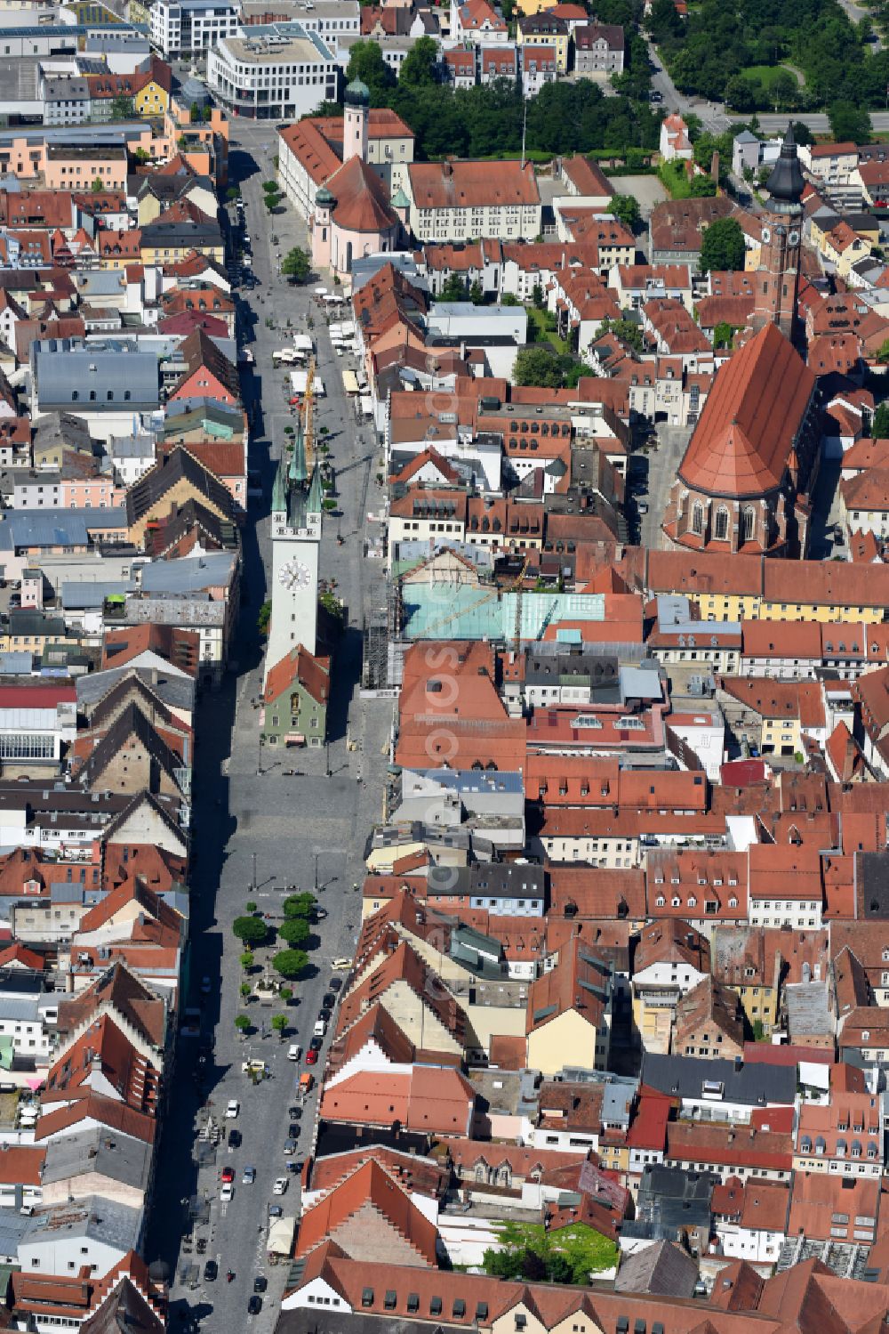 Straubing from above - Building of the observation tower Stadtturm and the Basilica St. Jakob on Theresienplatz in Straubing in the state Bavaria, Germany