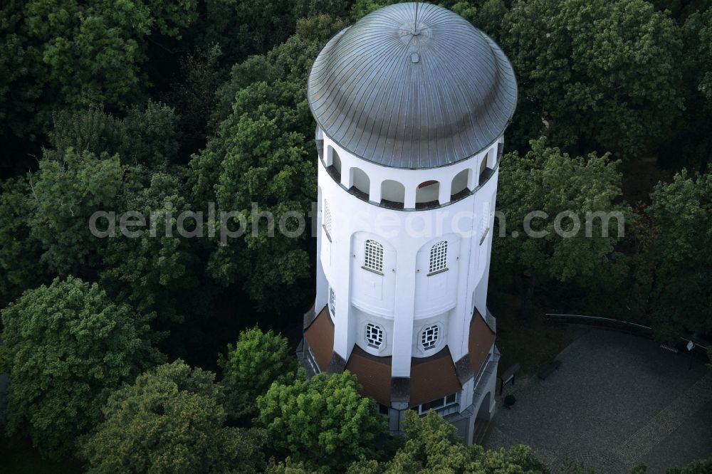 Burgstädt from above - Structure of the observation tower Taurasteinturm in Burgstaedt in the state of Saxony. THe landmarks of the town is used as an events location and is located in the East of the town in a forest