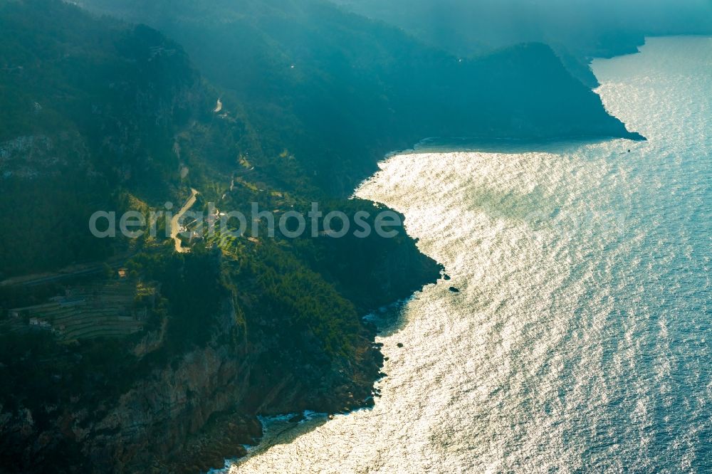 Aerial photograph Banalbufar - Structure of the observation tower Torre of Verger on the course of the road Ma-10 in Banalbufar in Balearische Insel Mallorca, Spain