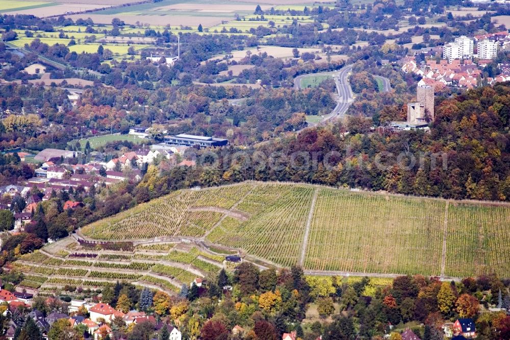 Karlsruhe from above - Structure of the observation tower on the Turmberg with Gourmetrestaurant Anders in the district Durlach in Karlsruhe in the state Baden-Wuerttemberg