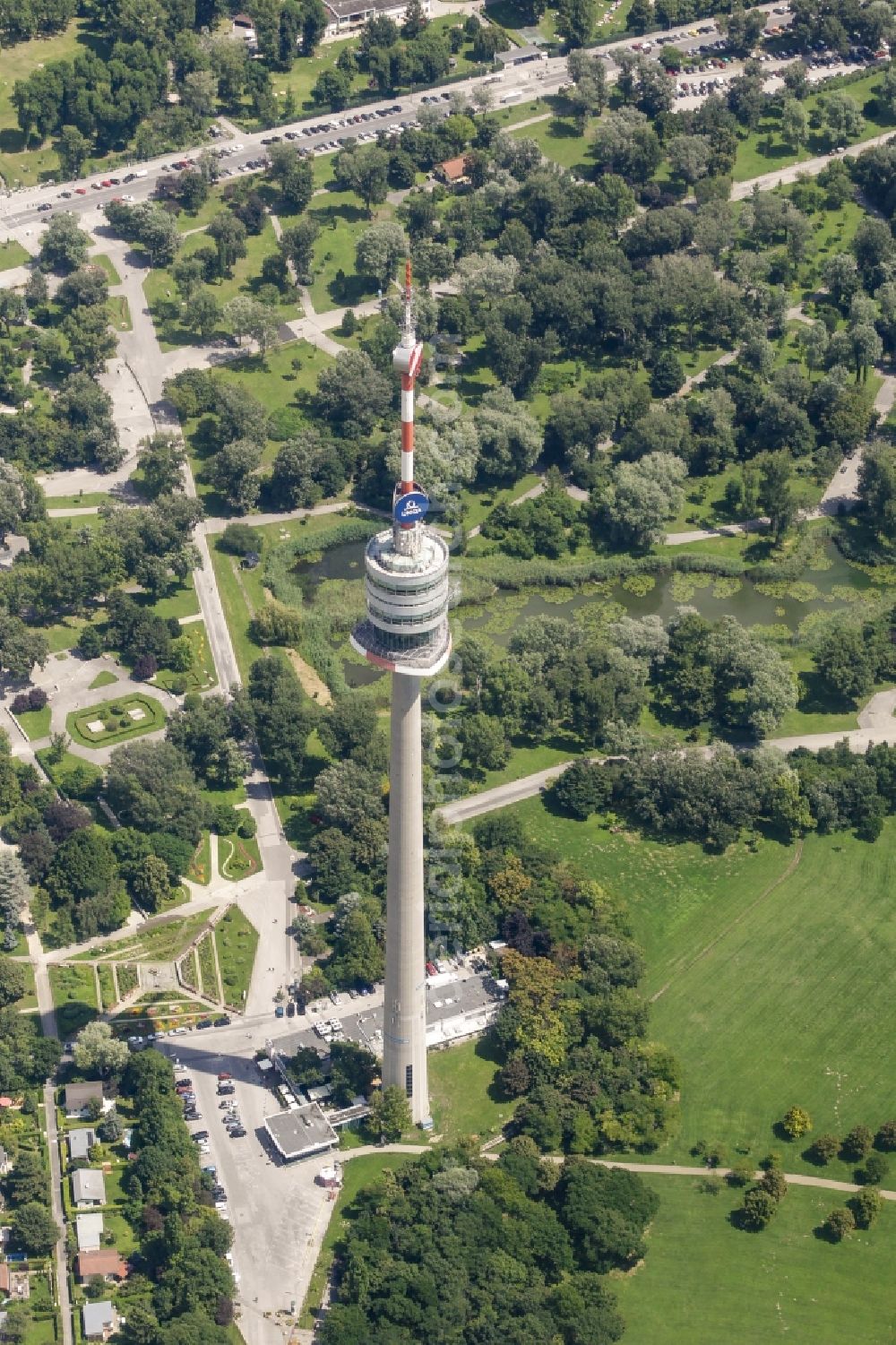 Wien from the bird's eye view: Observation tower and Viennese landsmark Donauturm in the Danube park in the 22nd district of Vienna in Austria