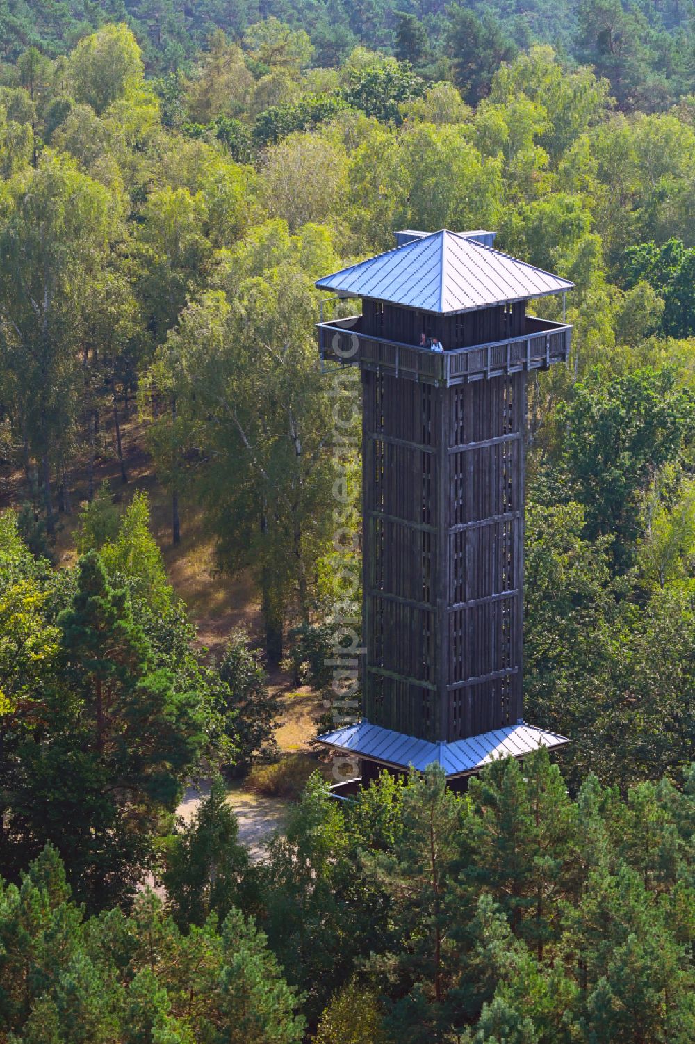 Groß Wasserburg from the bird's eye view: Structure of the observation tower on Wehlaberg in Gross Wasserburg in the state Brandenburg, Germany