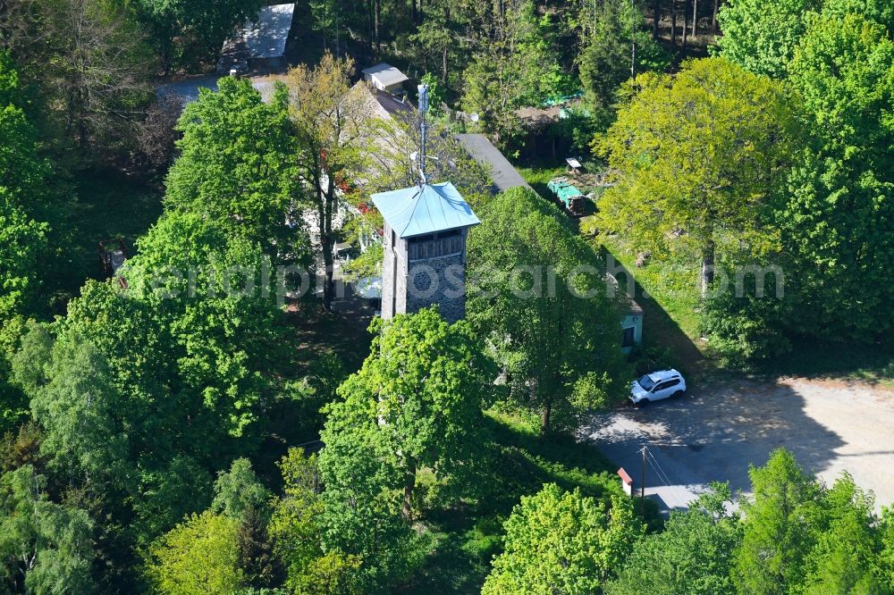 Stammbach from above - Structure of the observation tower Weissensteinturm in Stammbach in the state Bavaria, Germany