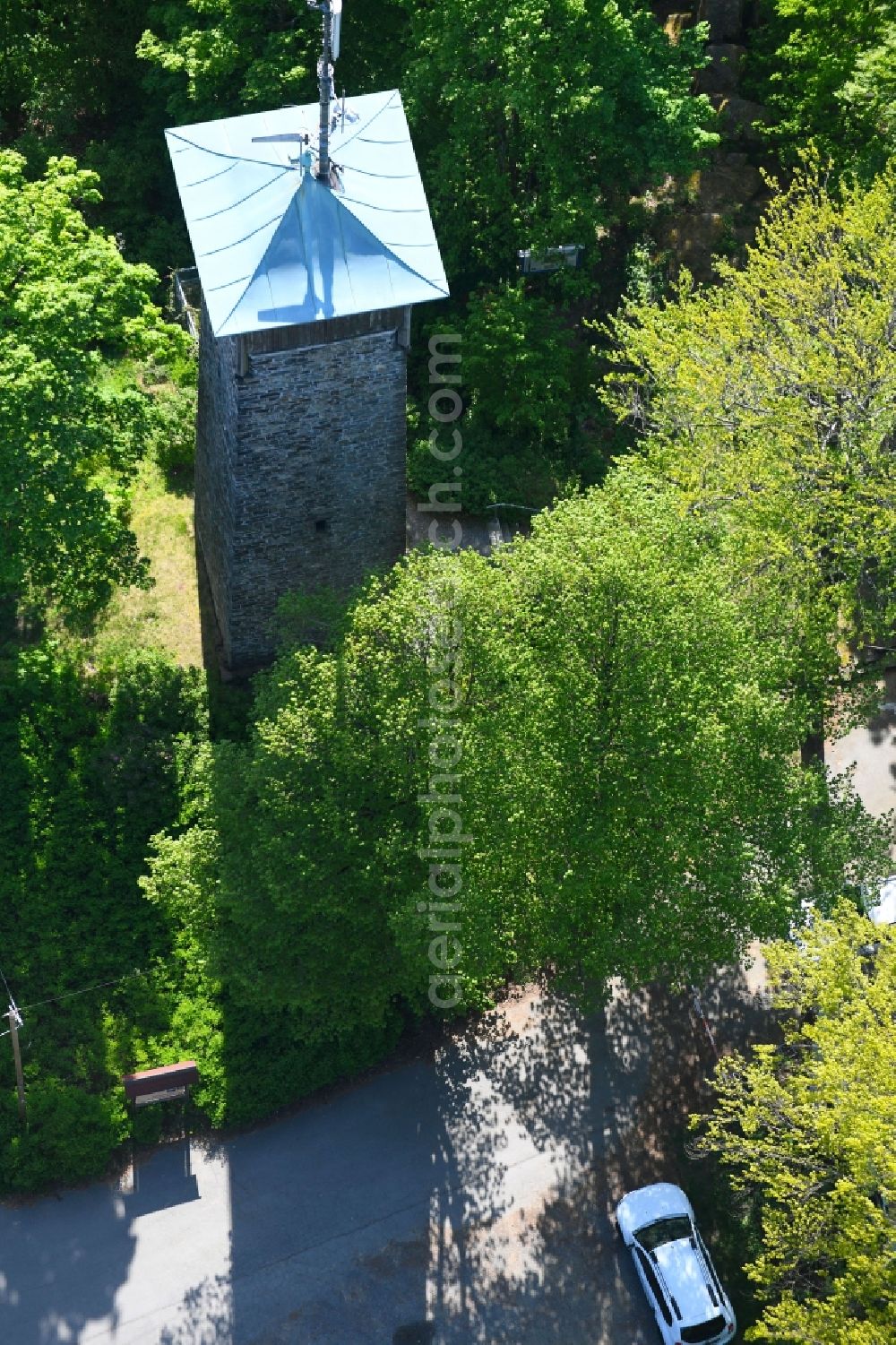 Aerial photograph Stammbach - Structure of the observation tower Weissensteinturm in Stammbach in the state Bavaria, Germany