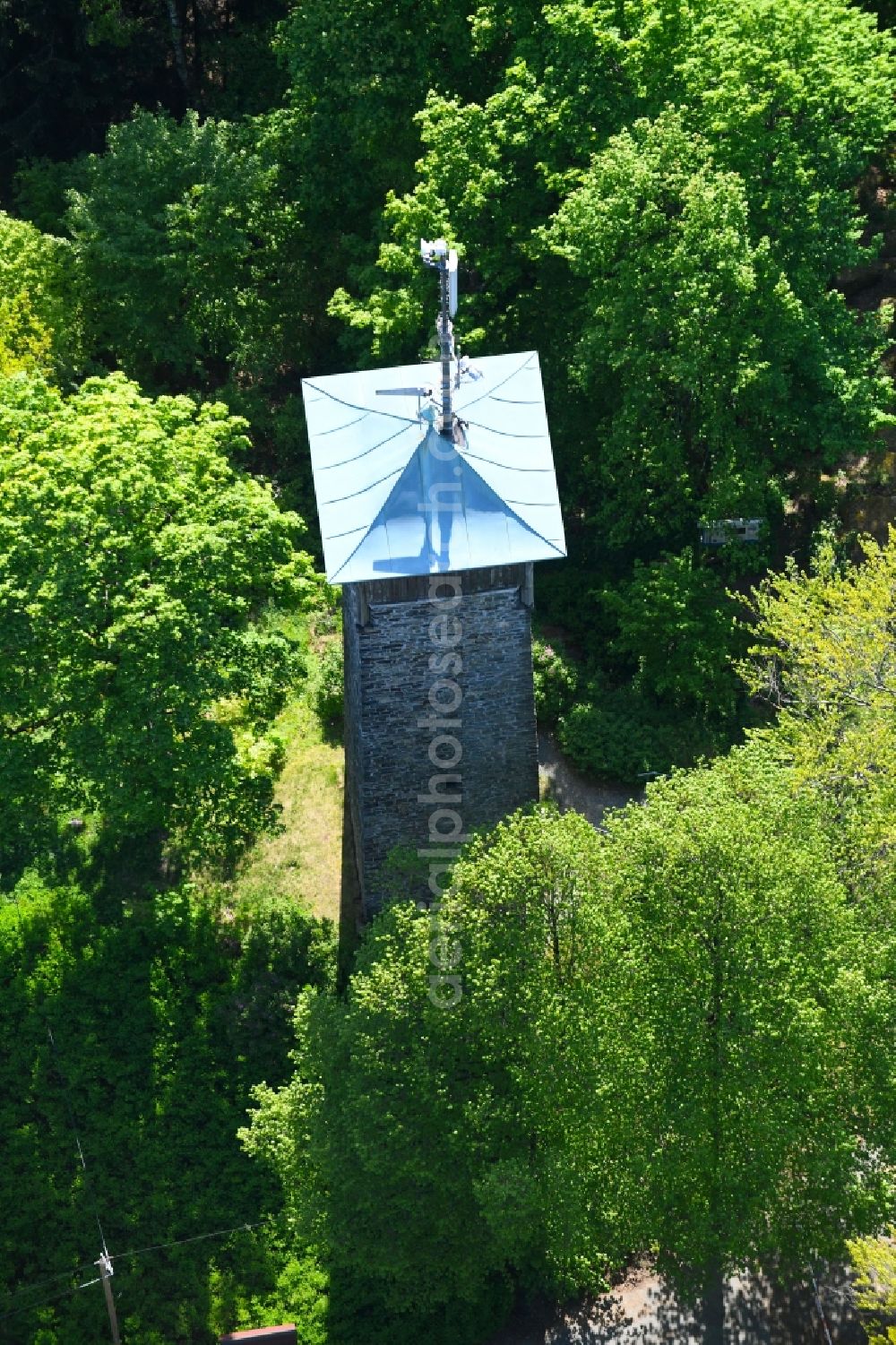 Stammbach from above - Structure of the observation tower Weissensteinturm in Stammbach in the state Bavaria, Germany