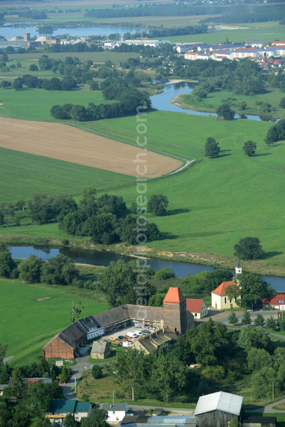 Gruna from above - Structure of the observation tower Wendenturm und Kirche St.Nikolai in Gruna in the state Saxony