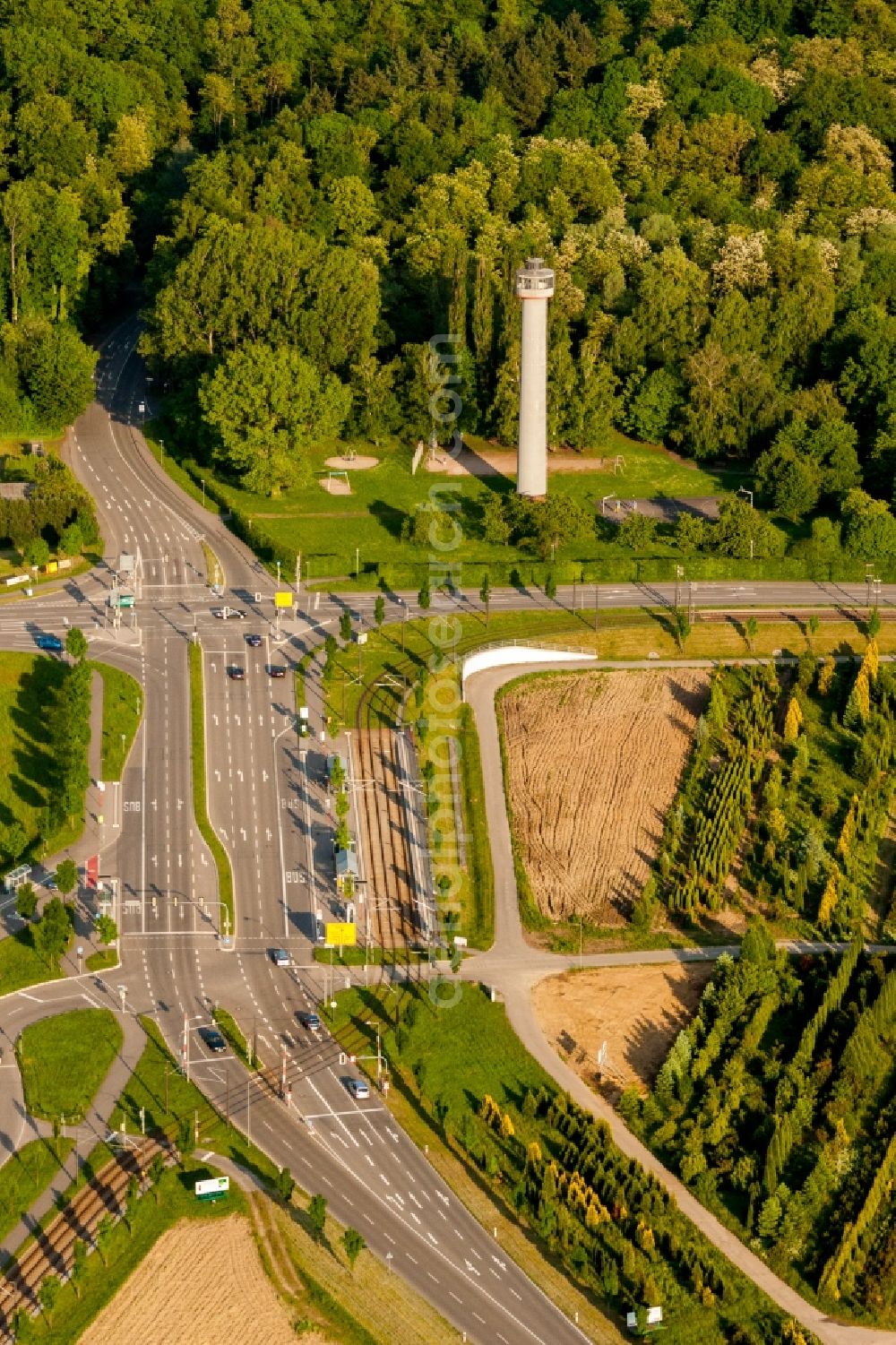 Wolfartsweier from above - Structure of the observation tower Zuendhuetle in Wolfartsweier in the state Baden-Wurttemberg, Germany