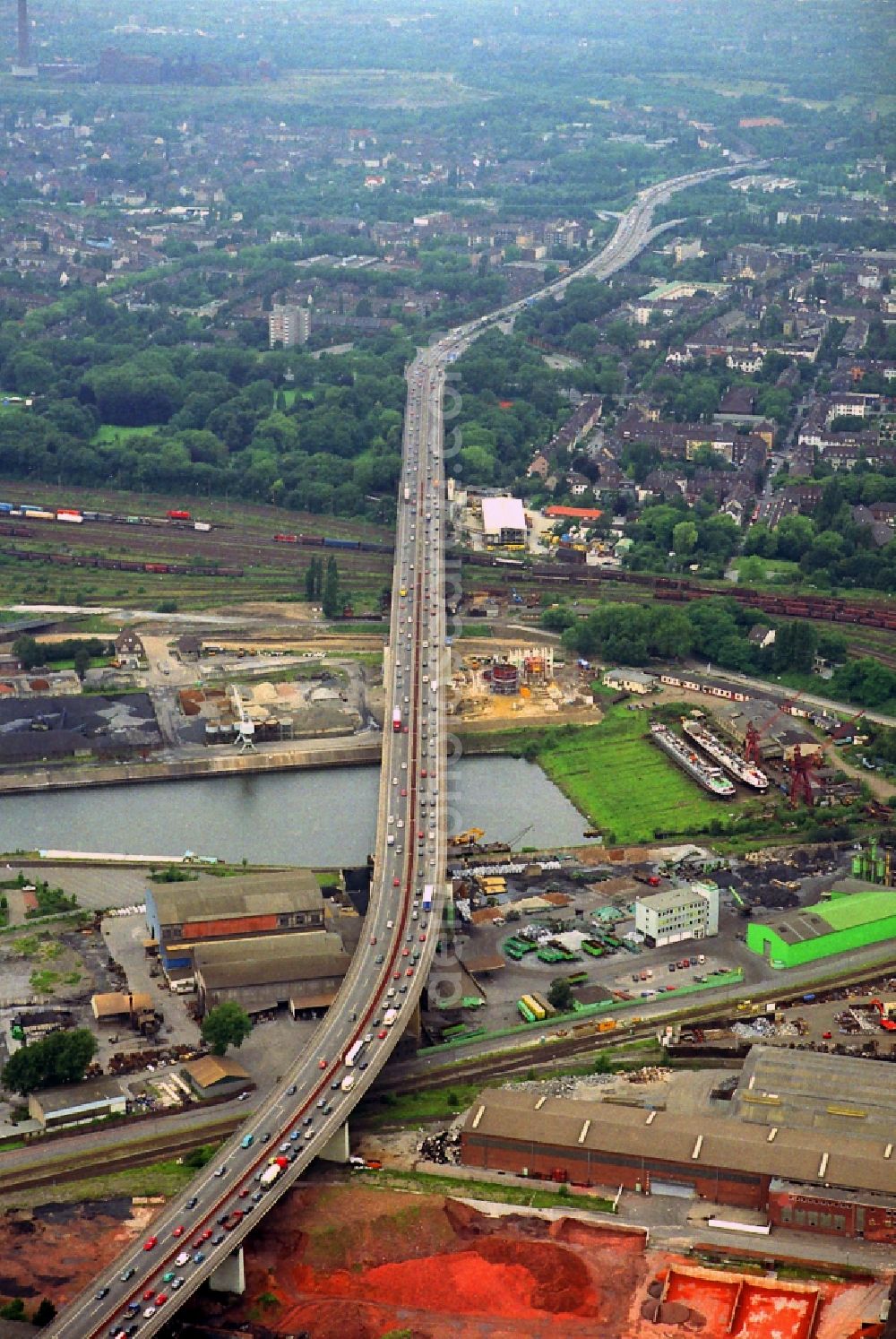 Duisburg from above - Building of the Berlin bridge the federal highway BAB A59 over the Rhine-Herne Canal and the Ruhr in Duisburg in North Rhine-Westphalia