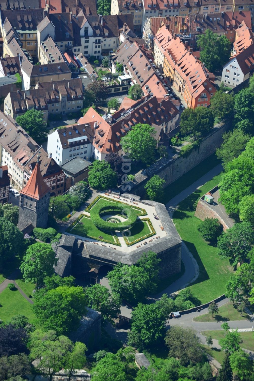 Nürnberg from above - Building the historic city walls in Nuremberg in the state Bavaria