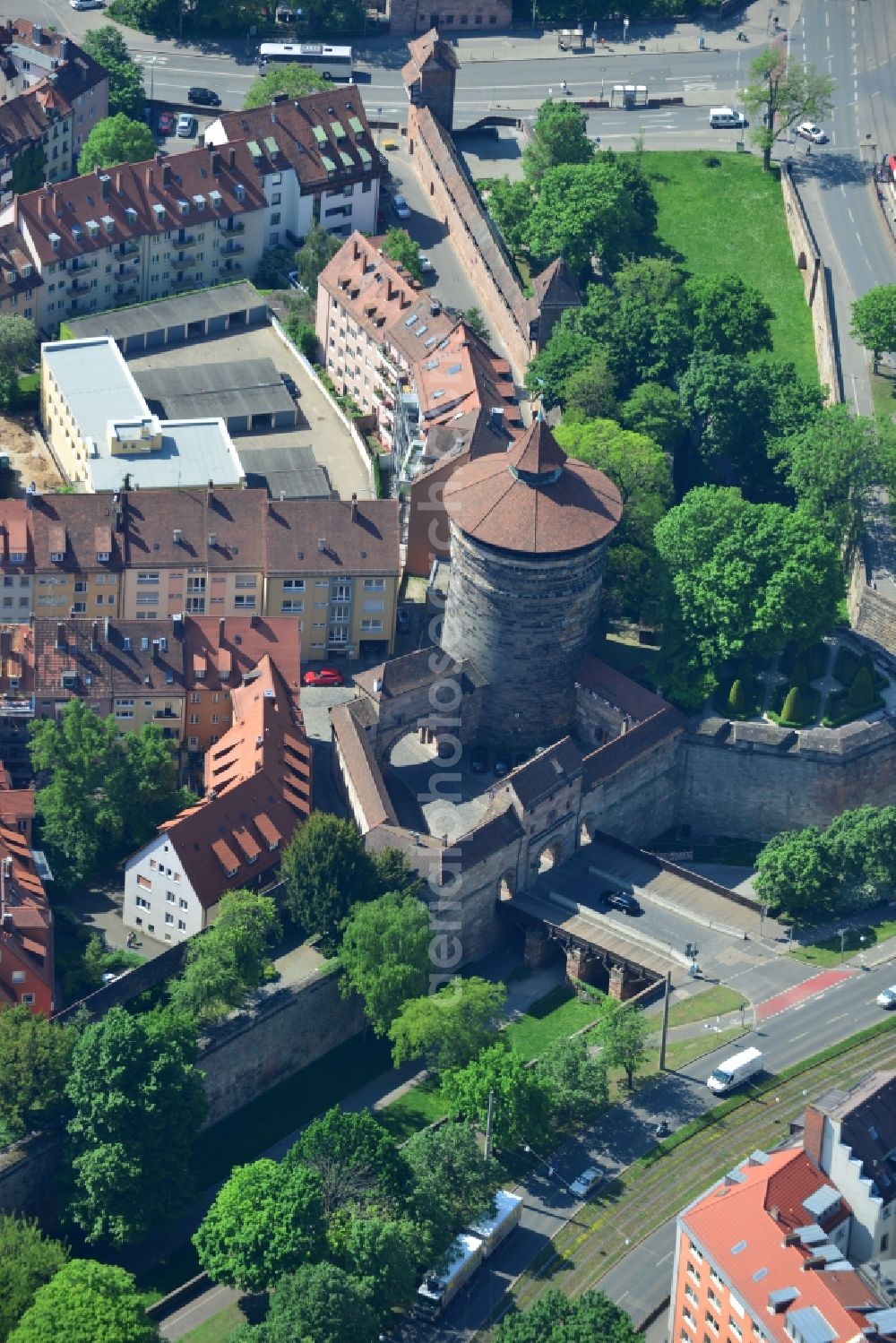 Aerial image Nürnberg - Building the historic city walls in Nuremberg in the state Bavaria