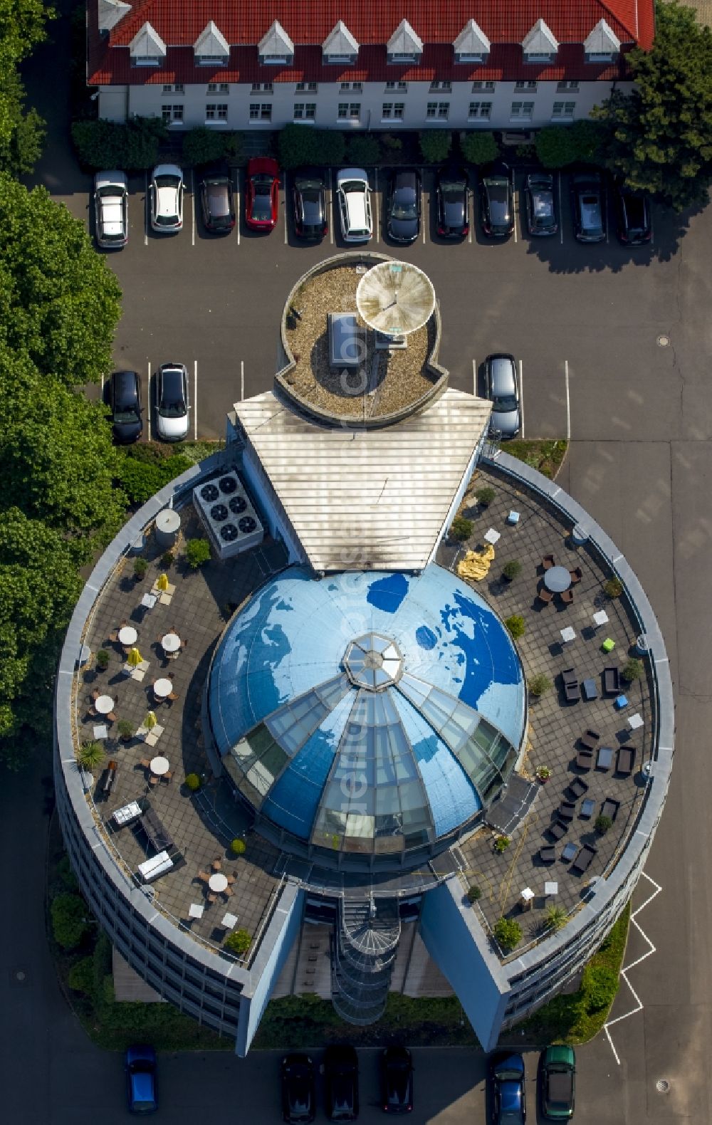 Aerial photograph Hattingen - Building the tower SATKOM Ruhr Tower in commercial and landscape park Henrichshuette Hattingen Hattingen in North Rhine-Westphalia