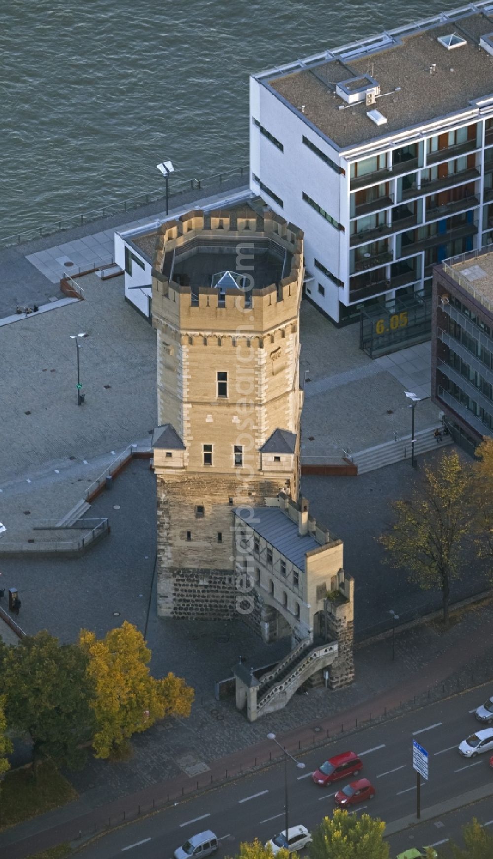 Köln from above - Bayer tower Bayenturm at the Rhine promenade Rheinauhafen the Bay of Cologne in Cologne in North Rhine-Westphalia NRW