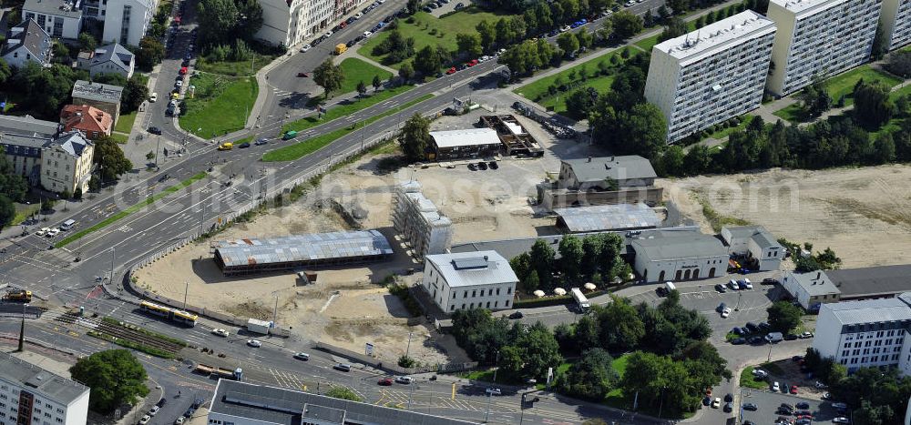 Leipzig from the bird's eye view: Blick den Bayerischen Bahnhof mit der Baustelle City-Tunnel Leipzig. Der City-Tunnel ist ein noch im Bau befindlicher Eisenbahntunnel für die S-Bahn der Innenstadt in Leipzig mit zwei Tunnelröhren und einem Gleis je Richtung. View the Bavarian railway station with the construction site City-Tunnel Leipzig. Projektsteuerung durch die SCHÜßLERPLAN Ingenieurgesellschaft -