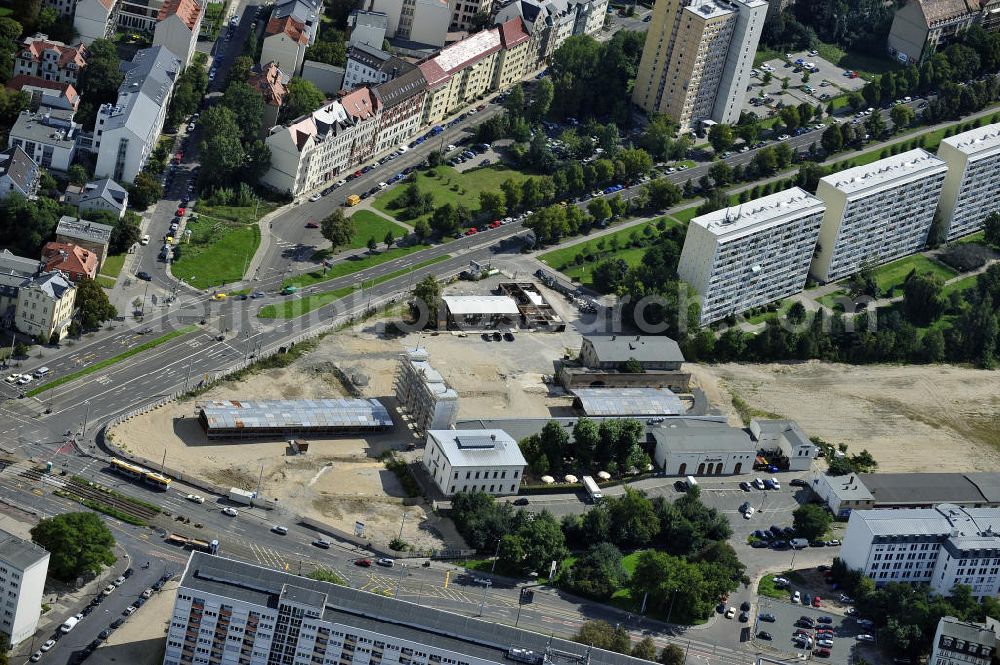 Aerial image Leipzig - Blick den Bayerischen Bahnhof mit der Baustelle City-Tunnel Leipzig. Der City-Tunnel ist ein noch im Bau befindlicher Eisenbahntunnel für die S-Bahn der Innenstadt in Leipzig mit zwei Tunnelröhren und einem Gleis je Richtung. View the Bavarian railway station with the construction site City-Tunnel Leipzig. Projektsteuerung durch die SCHÜßLERPLAN Ingenieurgesellschaft -