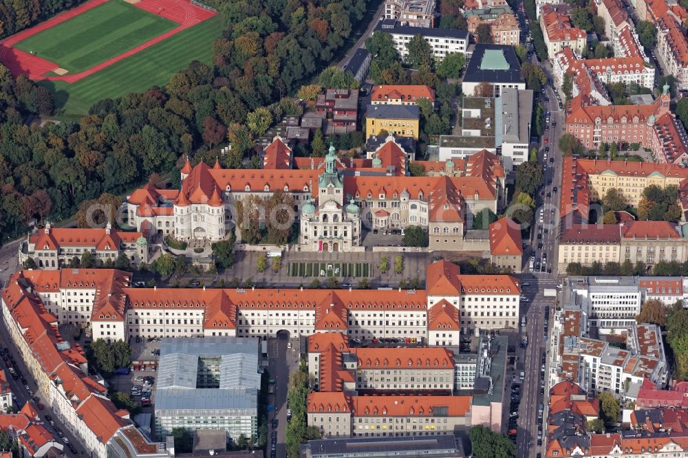 München from above - Historical museum-building ensemble of the Bavarian National Museum at Prinzregentenstrasse in Munich, Bavaria