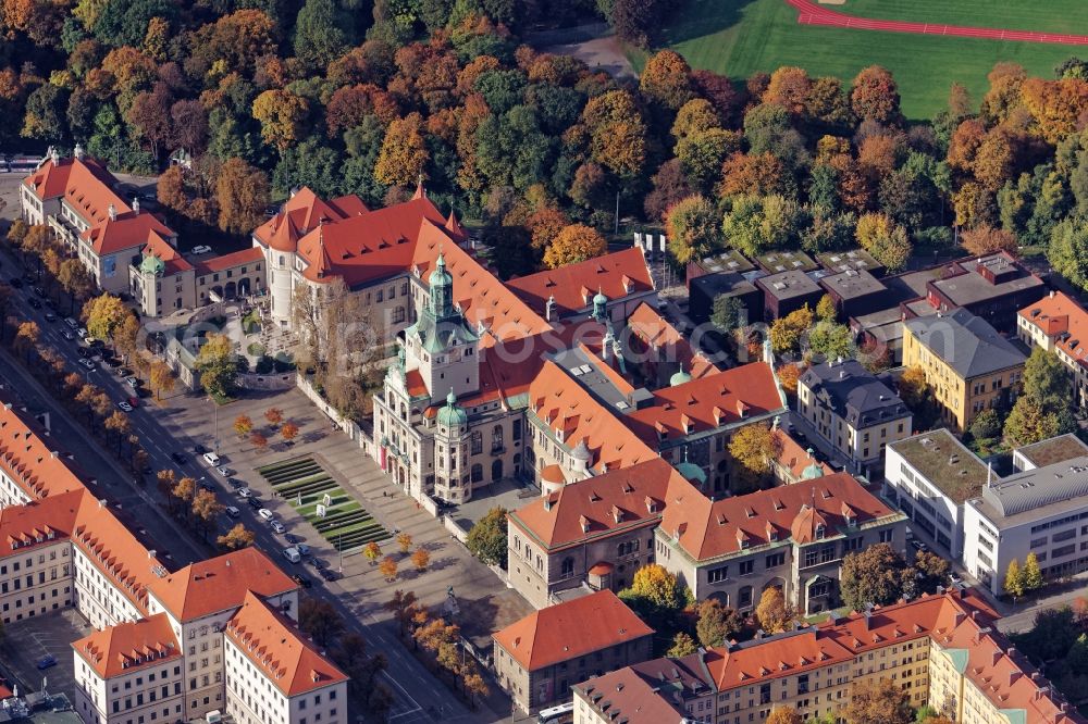 München from the bird's eye view: Historical museum-building ensemble of the Bavarian National Museum at Prinzregentenstrasse in Munich, Bavaria