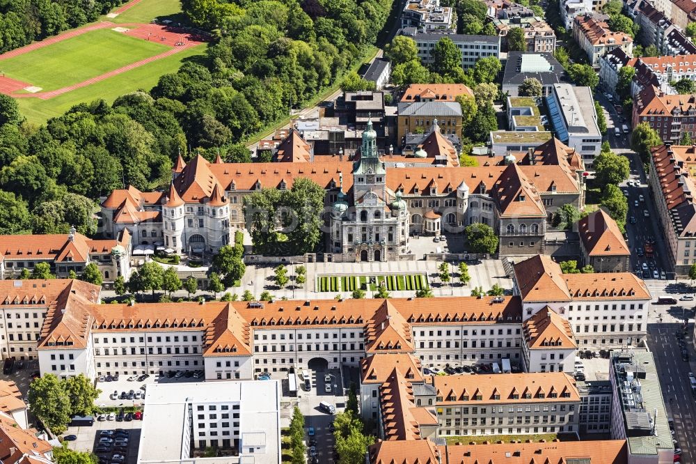 München from above - Historical museum-building ensemble of the Bavarian National Museum at Prinzregentenstrasse in Munich, Bavaria